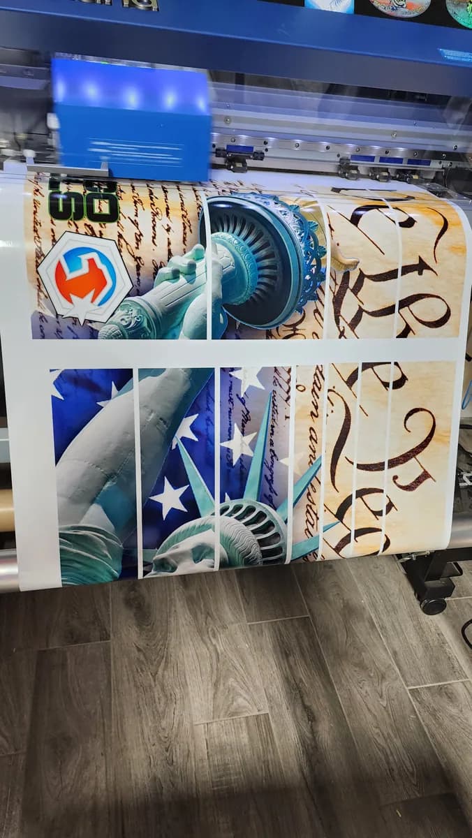 Custom decals being produced on a wide-format printer