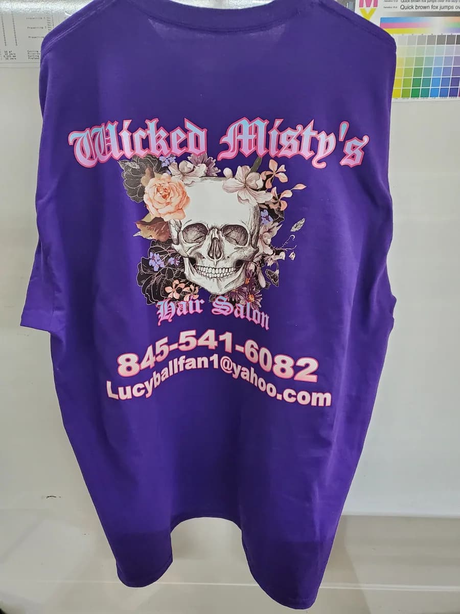 Purple custom event shirt with full-color artwork